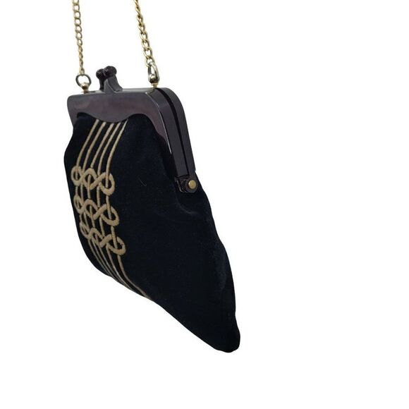 1940's Evening Bag Velvet Art Deco Mid Modern Century Asian Framed Kiss Black - Picture 11 of 13